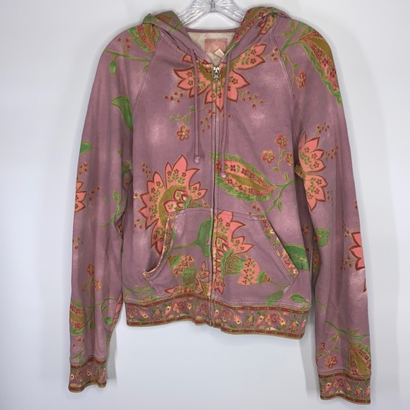 Lucky Brand Tops - Lucky Brand Dungarees Pink Floral Full Zip Hooded Sweatshirt XL